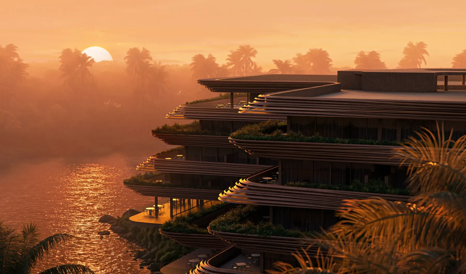 Luna Residences al atardecer junto al río